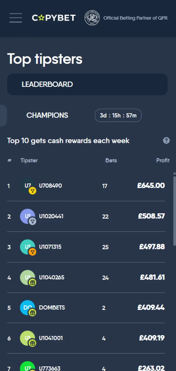 Check out the leaderboard available on the CopyBet app.