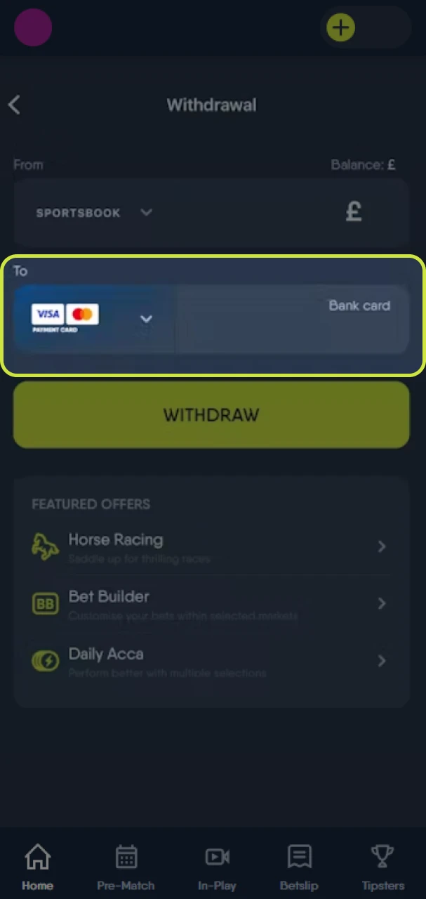 Choose a payment method on the CopyBet withdrawal page.