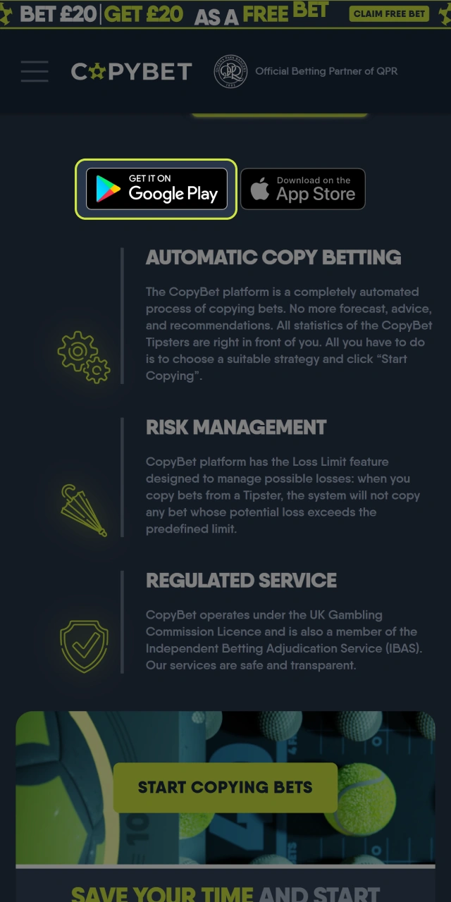 Open the official CopyBet website and click on the Google Play button.