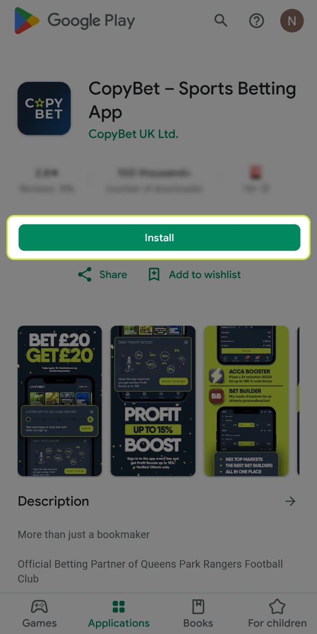 Click the Install button to start the download process of the CopyBet app.