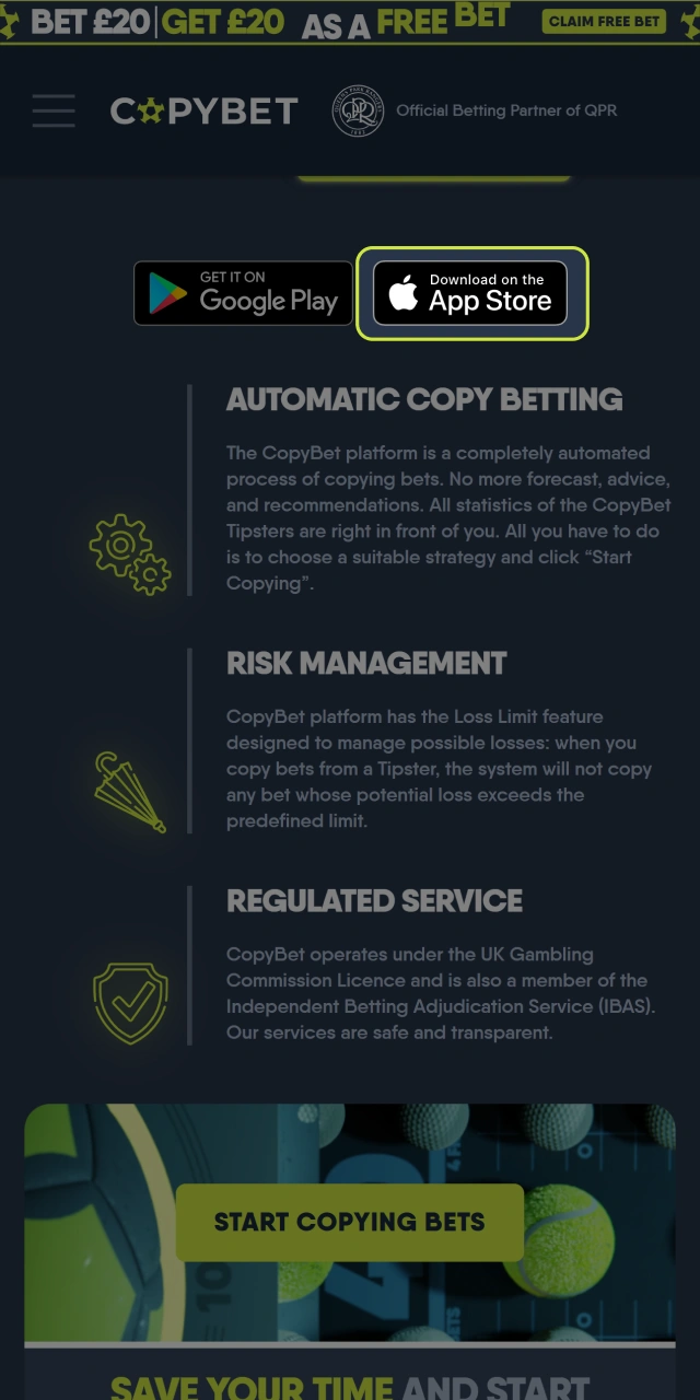 Click the App Store button at the bottom to download Copybet app.