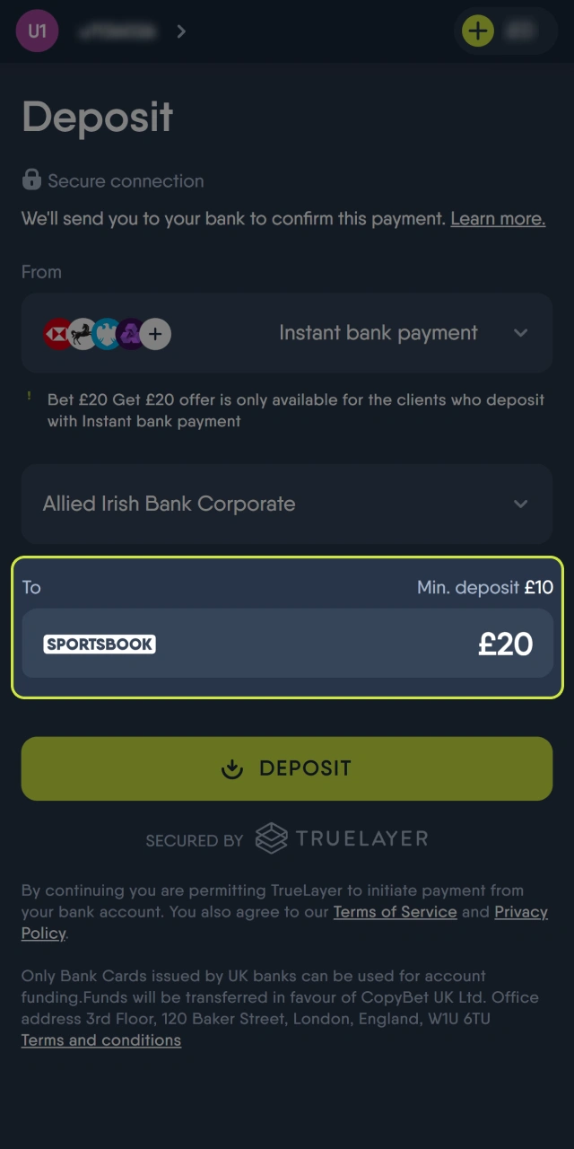 Enter the deposit amount on the CopyBet platform.