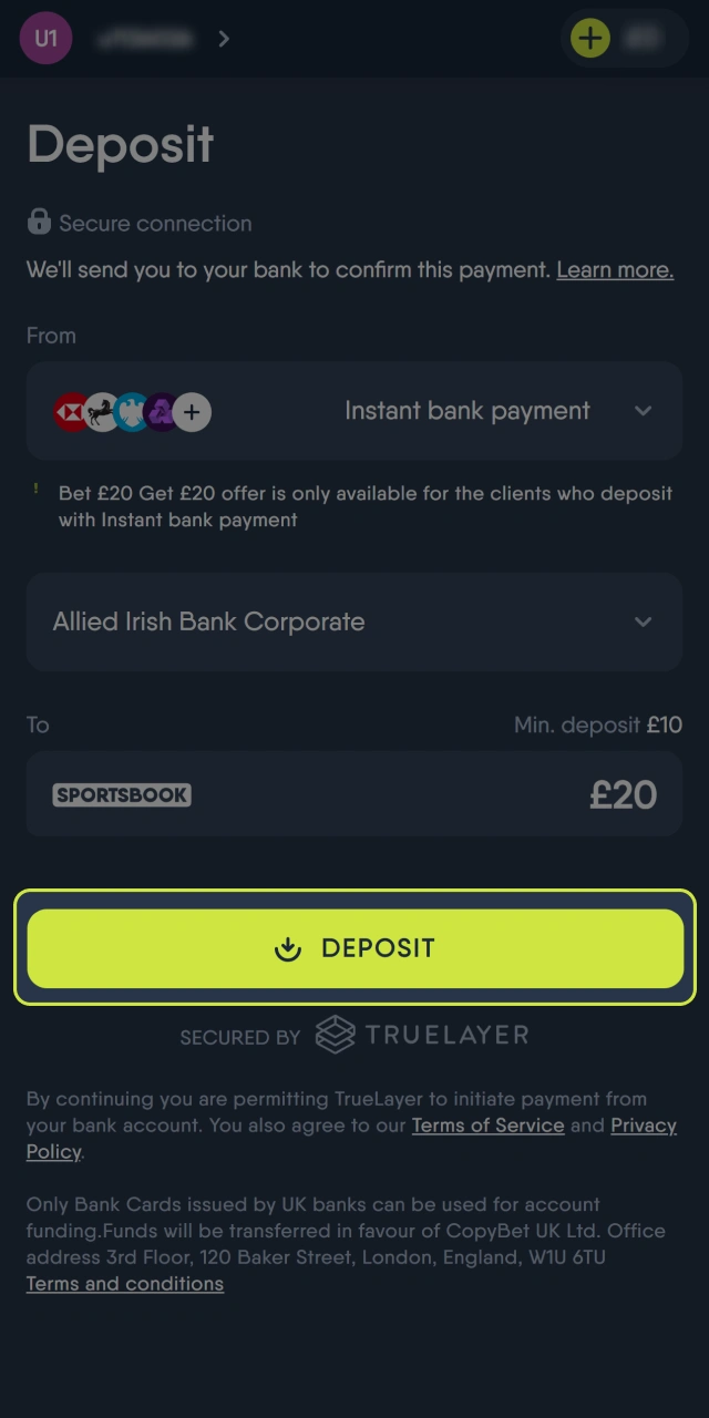 Confirm your deposit by clicking the Deposit button at CopyBet.