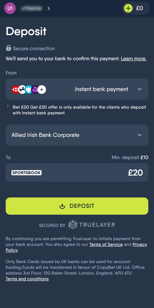 Make a deposit to your CopyBet account after registration.