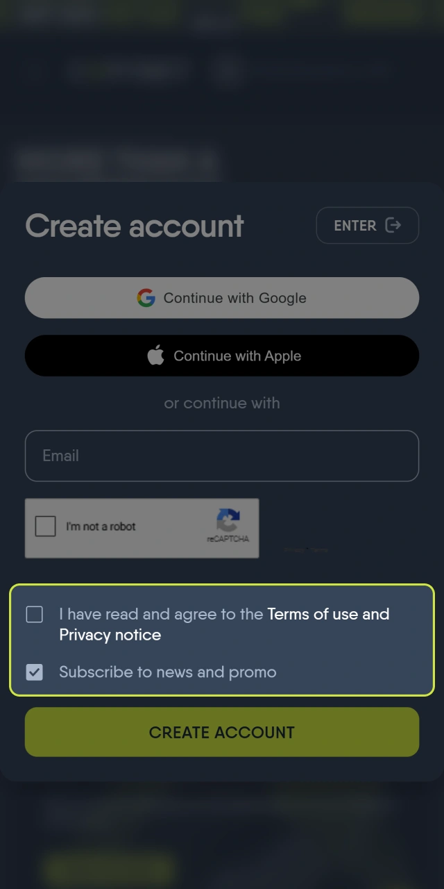 Accept the terms of use of the CopyBet platform.