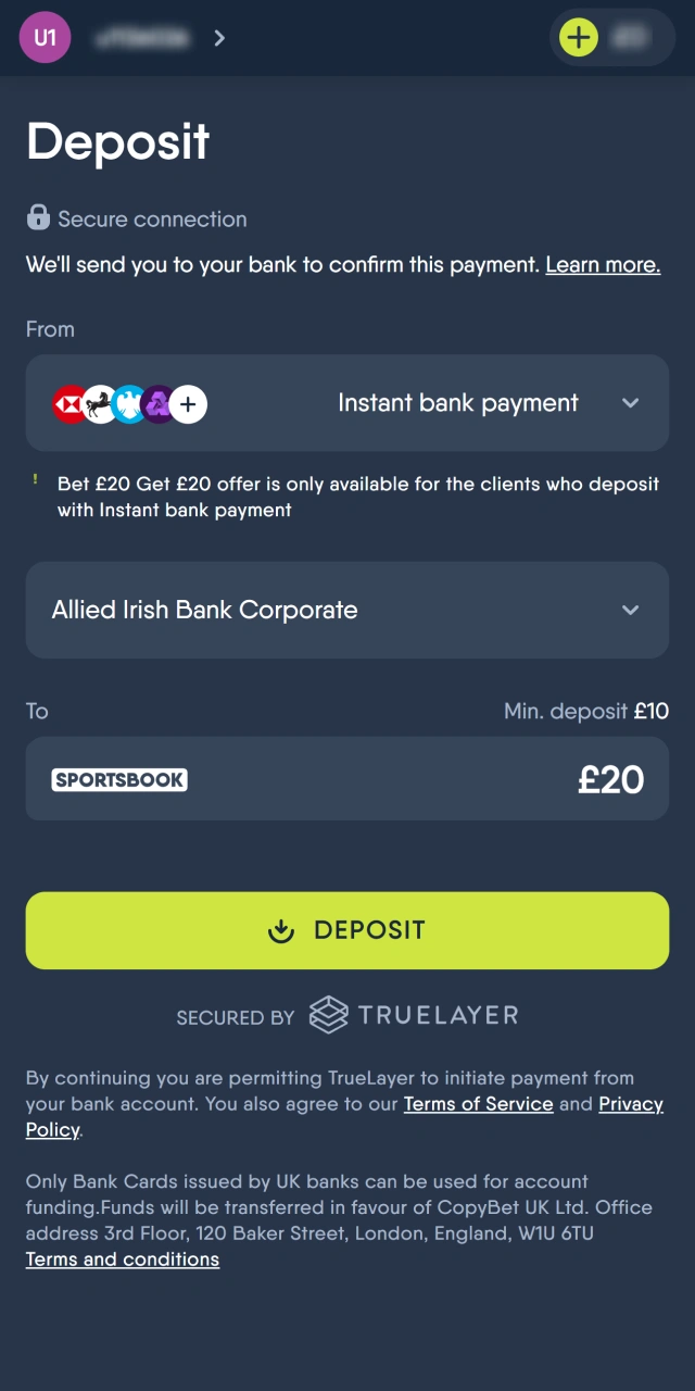 Deposit money to your CopyBet account and enter your name and address.