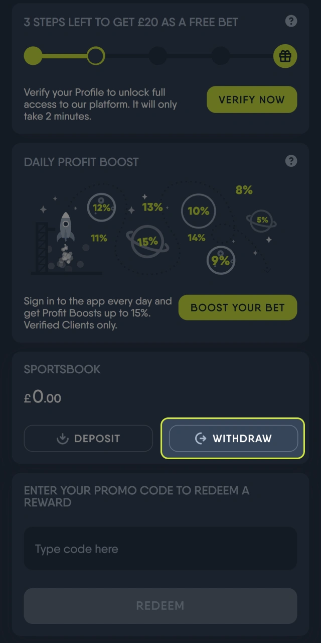 Open the withdrawal section on the CopyBet platform.