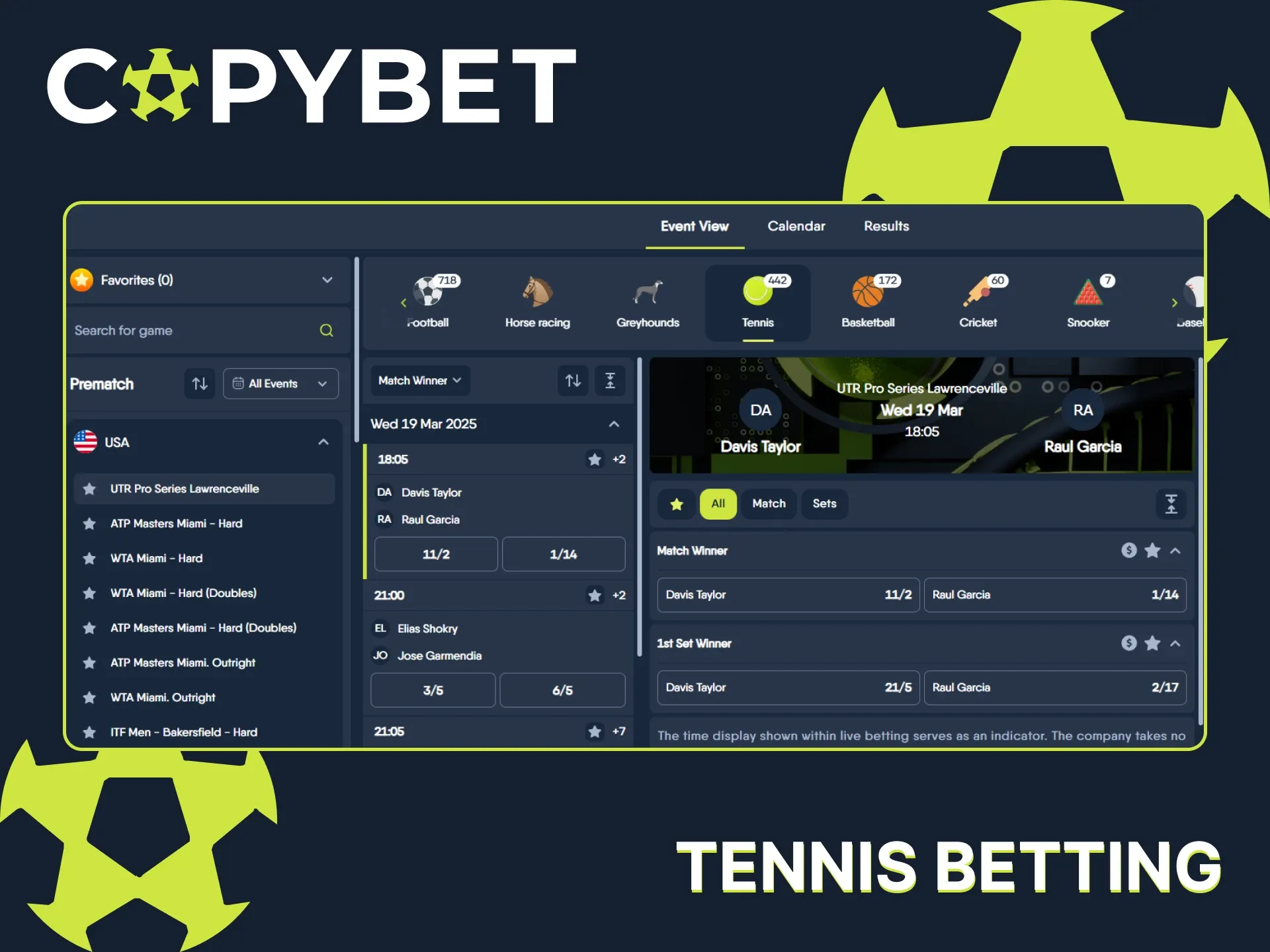 Place bets on the winner and score in tennis at CopyBet.